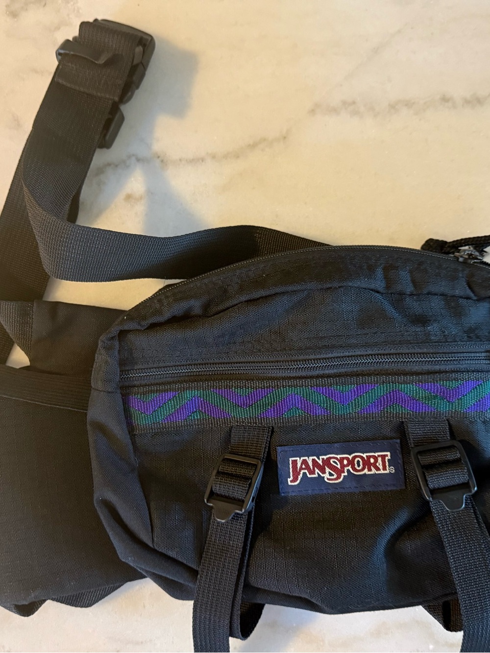 Vintage 90s Jansport Black Fanny Pack with Aztec design and dual cup holders